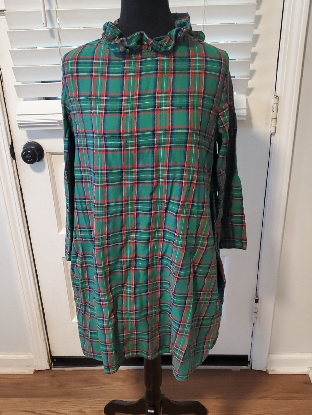 Green Plaid Ruffle Collar Long Sleeve Dress